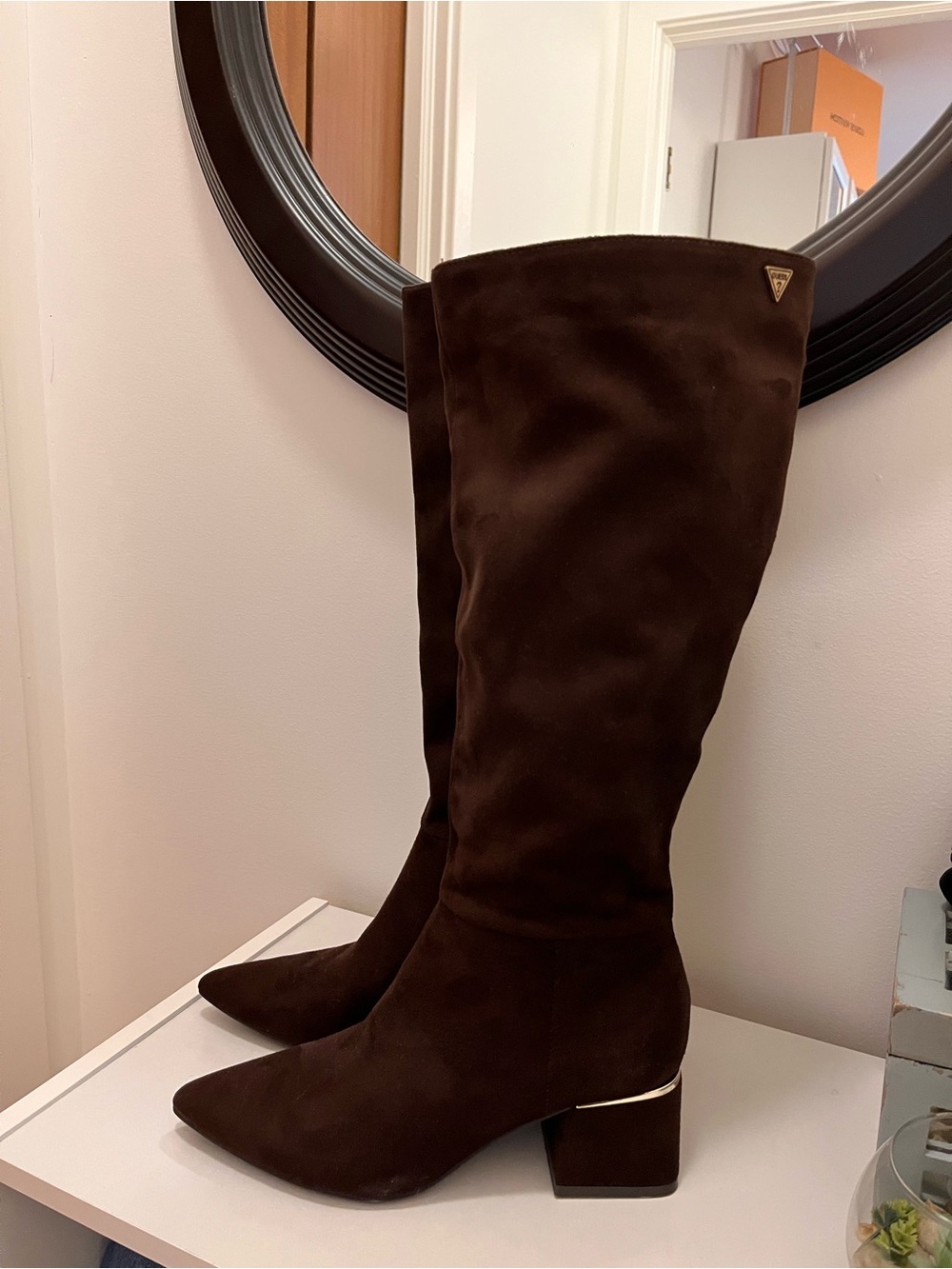 Guess Chocolate Brown Suede Block Heel Boots Sz 6.5US NWOT